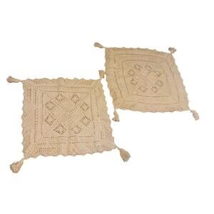 Vtg Beige Hand Knit Doily Style Lace Tassled Set of 2 Throw Pillow Covers 13x12"